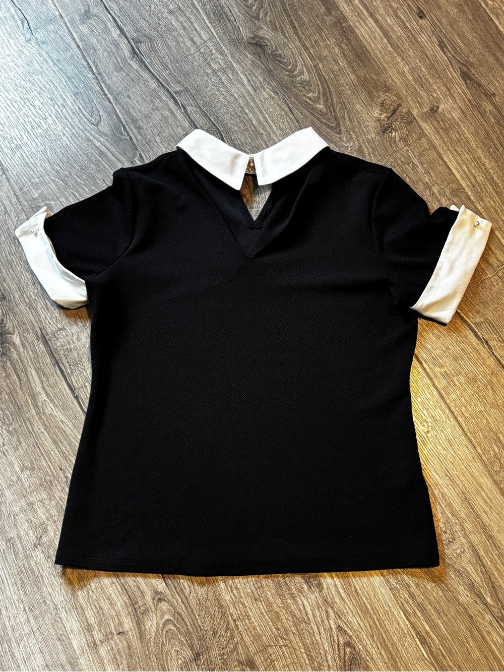 Karl Lagerfeld Paris Black Top with White Collar and Cuff Details